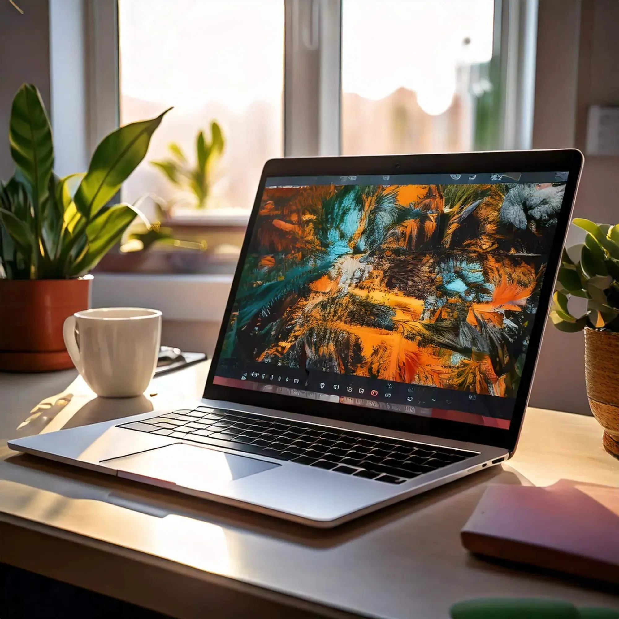 A modern laptop on a desk near a window, displaying vibrant abstract artwork. A coffee cup, notebook, and potted plants are nearby.