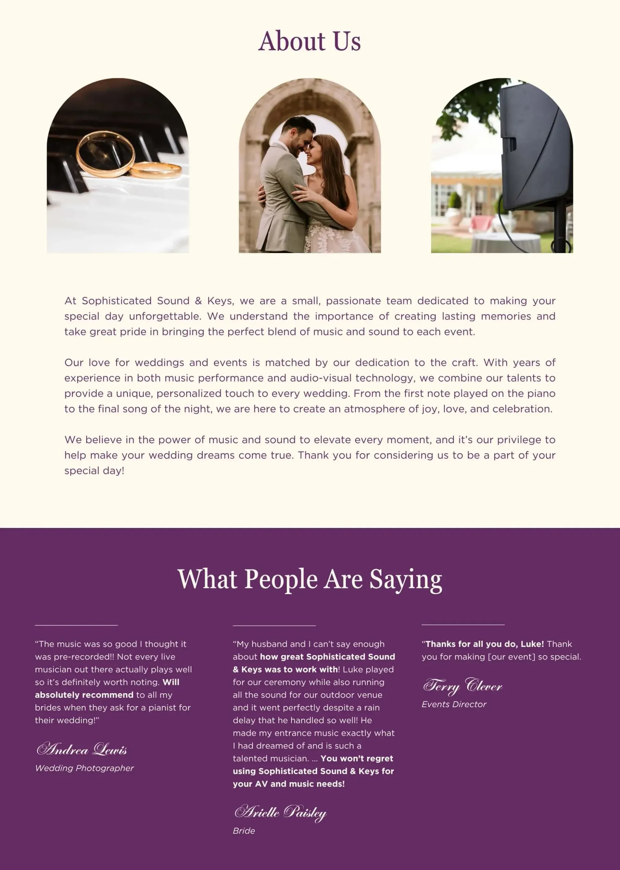 The about us section of the Sophisticated Sound & Keys website.